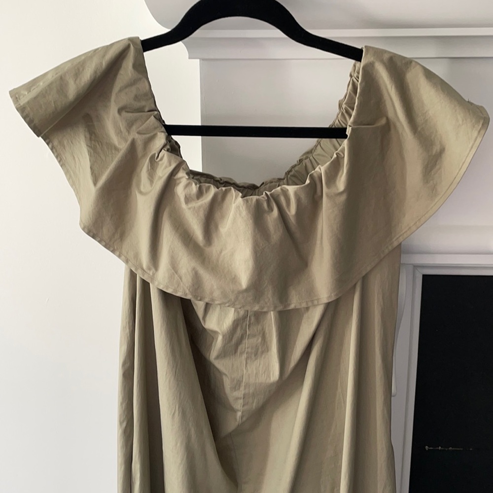 Hatch Khaki Beige Off-Shoulder Jumpsuit